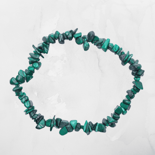 Green stone chip bracelet on a white background