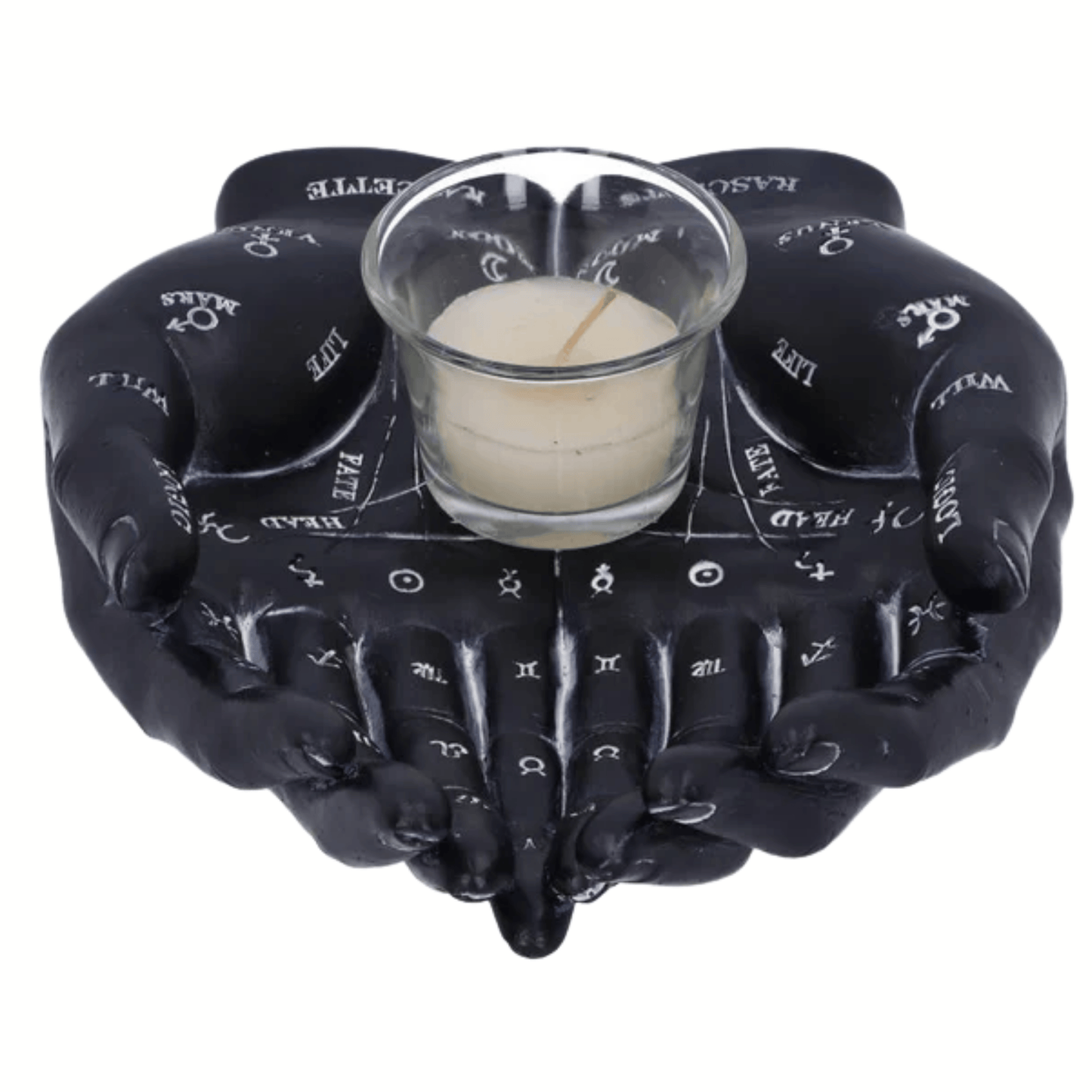Black resin hands holding a glass with a candle inside, on a white background