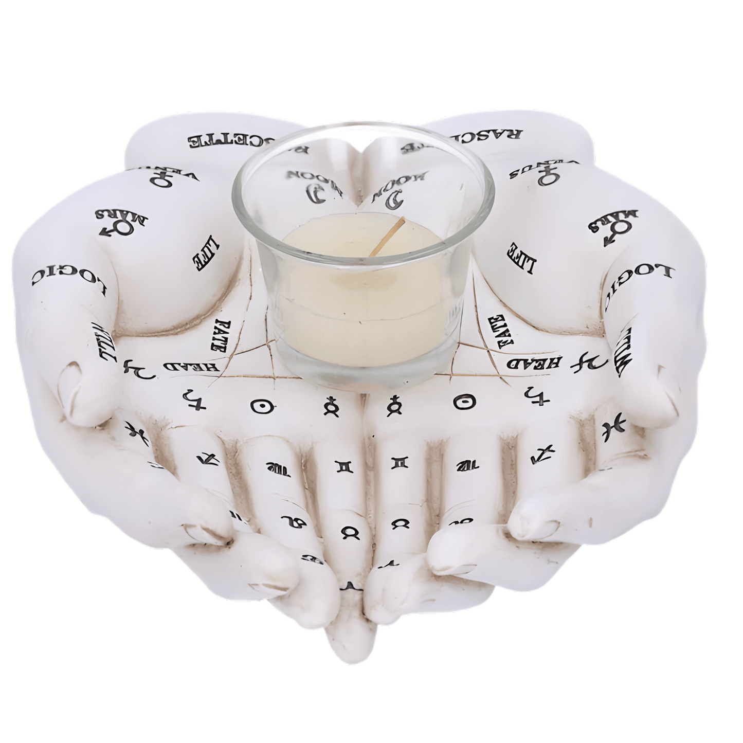 Heart-shaped candle holder with black text and symbols, containing a small candle on a white background.