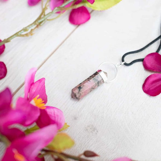 RHODONITE DOUBLE POINT PENDANT NECKLACE – Friendship & Reconciliation, emotional healing, and balance - Spirit And Shadow