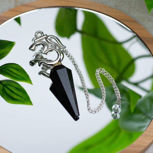 PENDULUM BLACK TOURMALINE FACETED PENDULUM WITH OM SYMBOL- SPIRITUAL HEALING TOOL - Spirit And Shadow