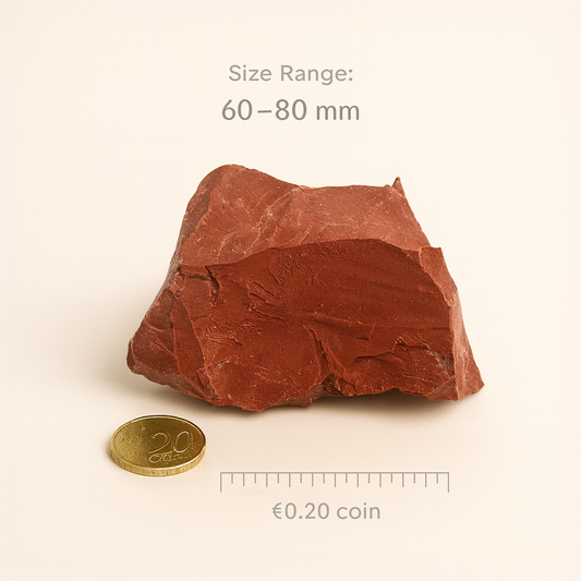 Large red Jasper crystal next to a 20 cent coin on a beige background