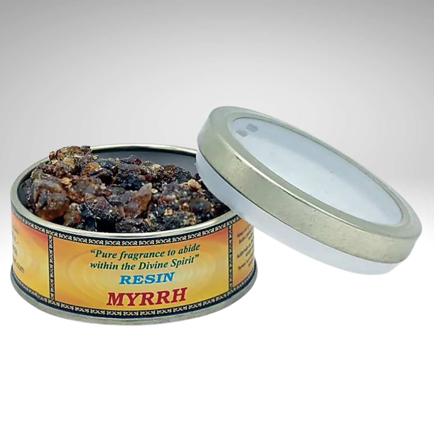 Open can of resin with a label indicating 'Resin Myrrh' on a white background