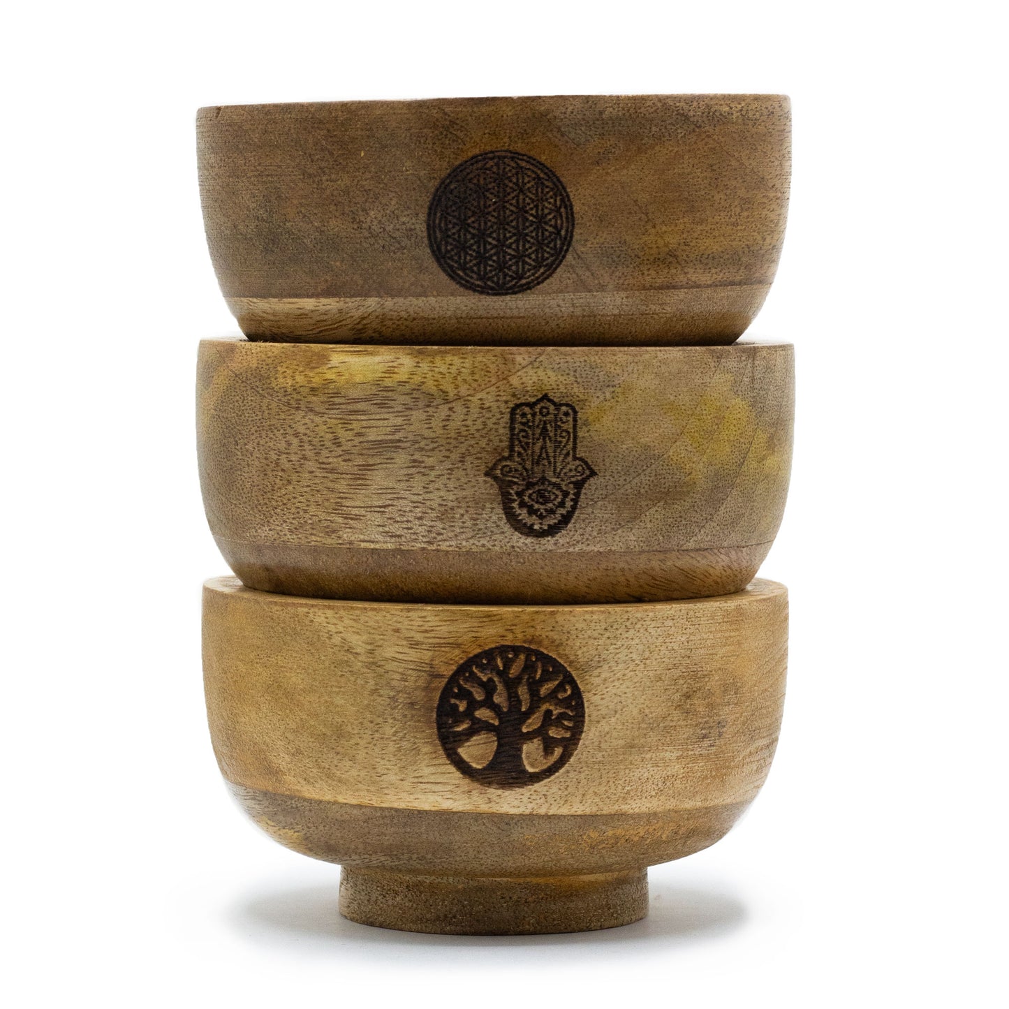 Three wooden bowls stacked on a white background with embossed designs.