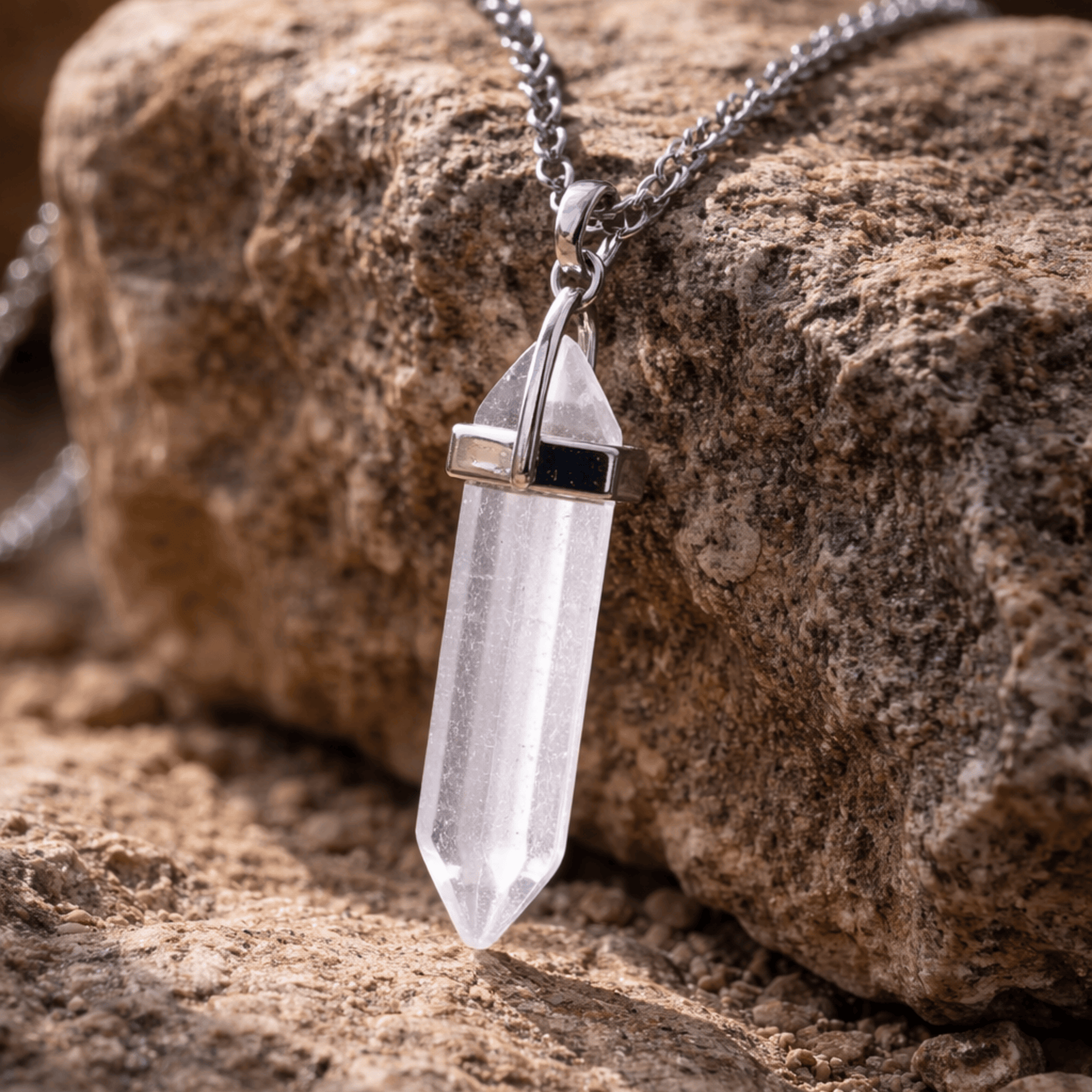 CLEAR QUARTZ POINT PENDANT NECKLACE ON STAINLESS STEEL CHAIN (50cm)