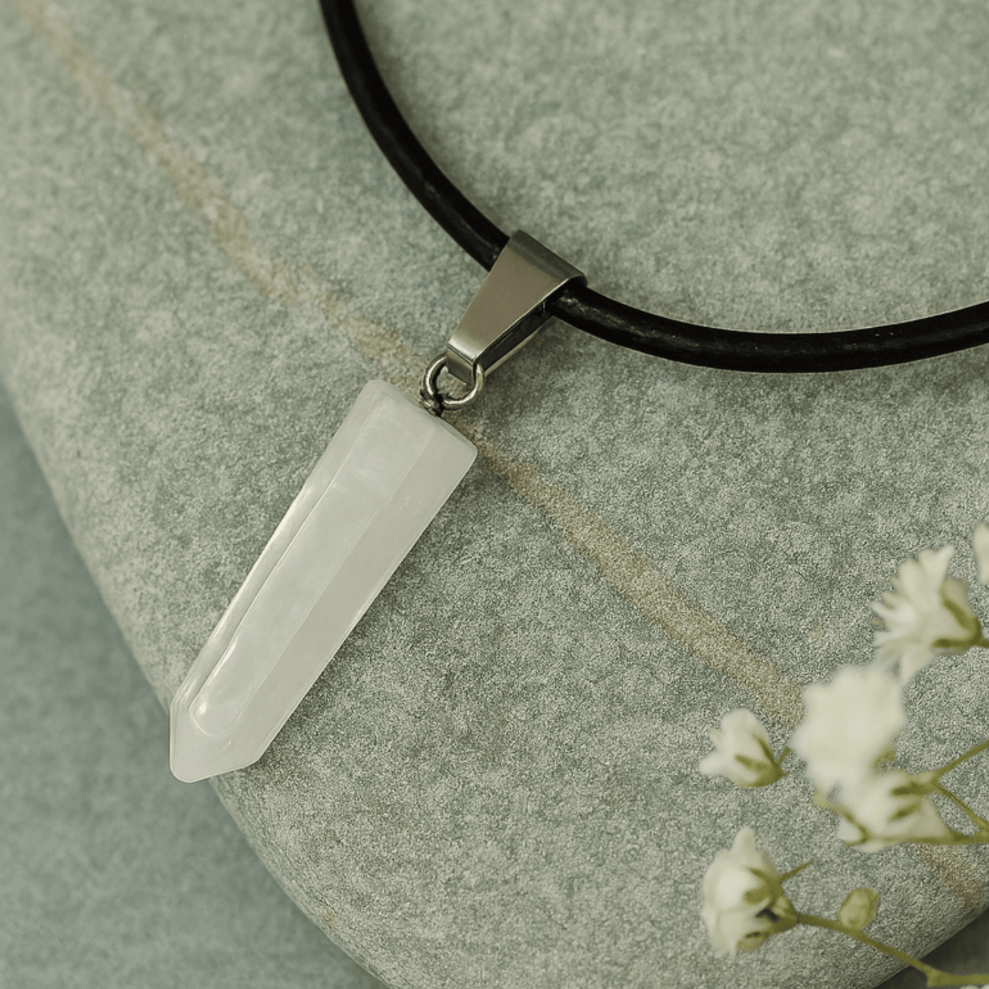 ROCK CRYSTAL FACETED POINT PENDANT SILVER BAIL FAUX LEATHER CORD 18"