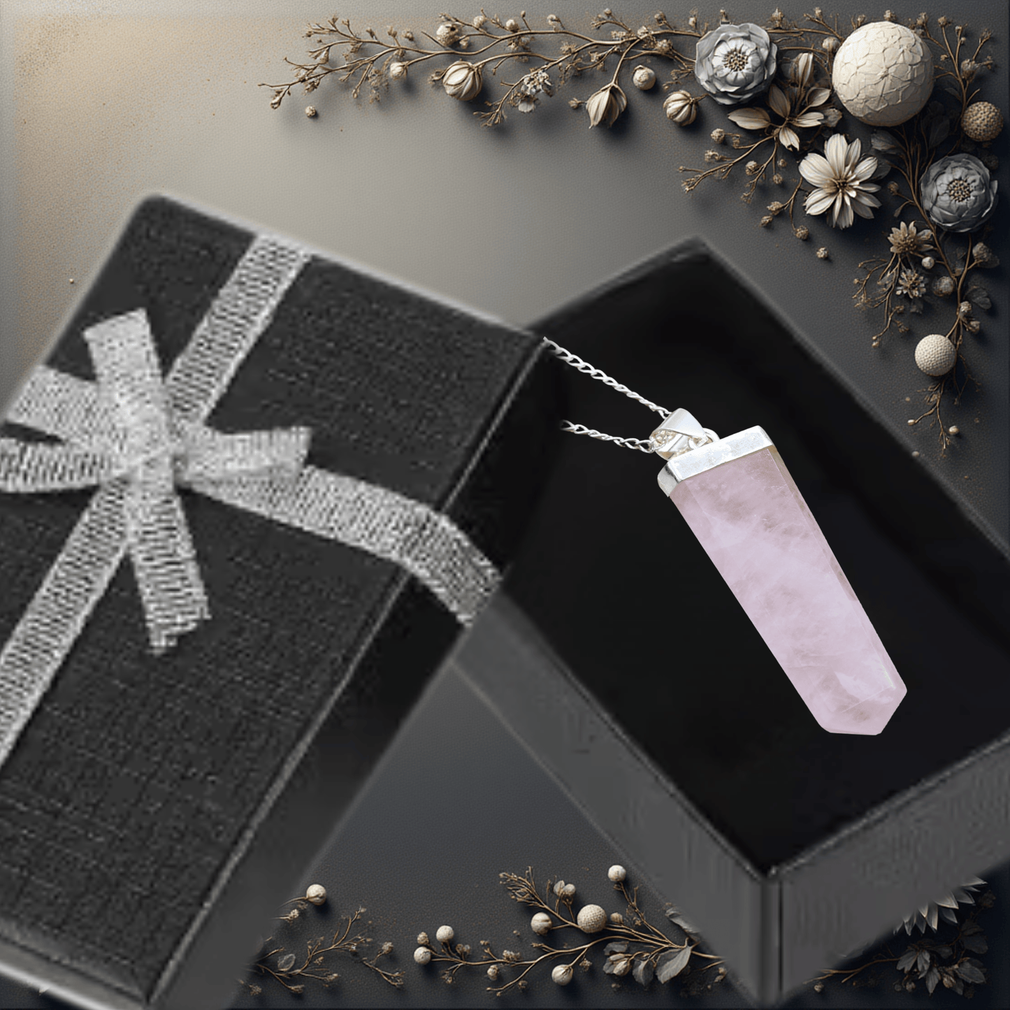 ROSE QUARTZ FLAT PENCIL CRYSTAL PENDANT NECKLACE On Silver Plated Chain