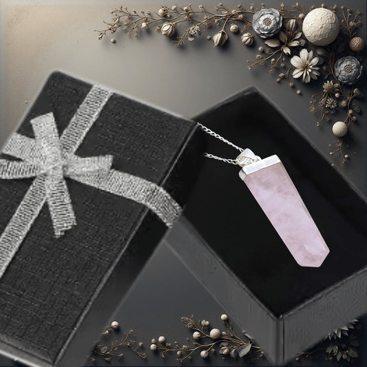 ROSE QUARTZ FLAT PENCIL CRYSTAL PENDANT NECKLACE On Silver Plated Chain
