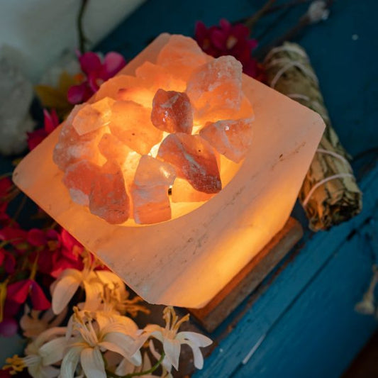 HIMALAYAN SALT STONE FIRE BASKET WITH CRUDE PIECES - Natural Glow & Wellness Benefits - Spirit And Shadow