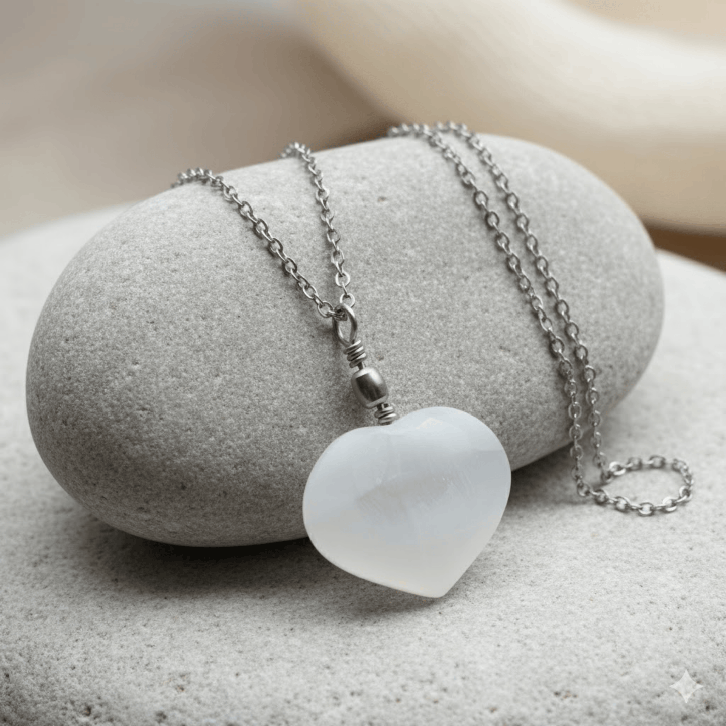 Selenite white heart shape pendant on a stainless steel chain laying on a large grey pebble.