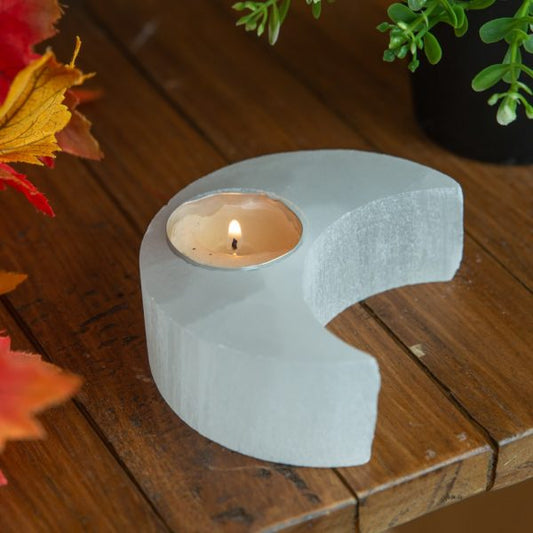 SELENITE MOON GEMSTONE TEA-LIGHT HOLDER – Serene Glow for Peaceful Spaces - Spirit And Shadow