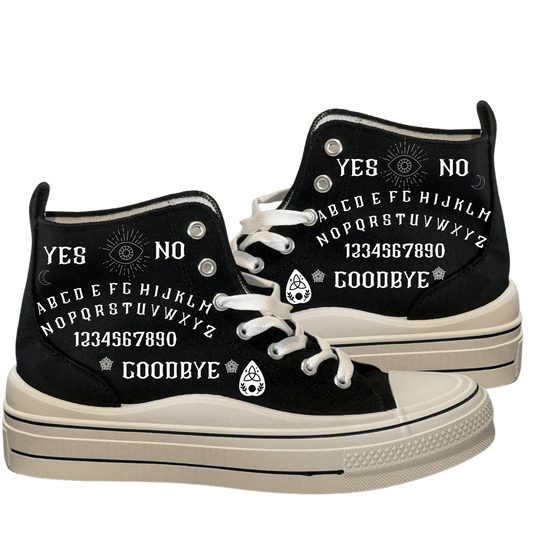 Black chunky high-top sneakers with white text and symbols spirit board on a transparent background