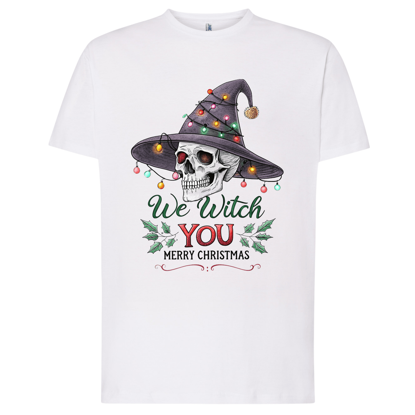 White t-shirt with a skull wearing a witch hat and Christmas lights, text 'We Witch You Merry Christmas' on a white background.