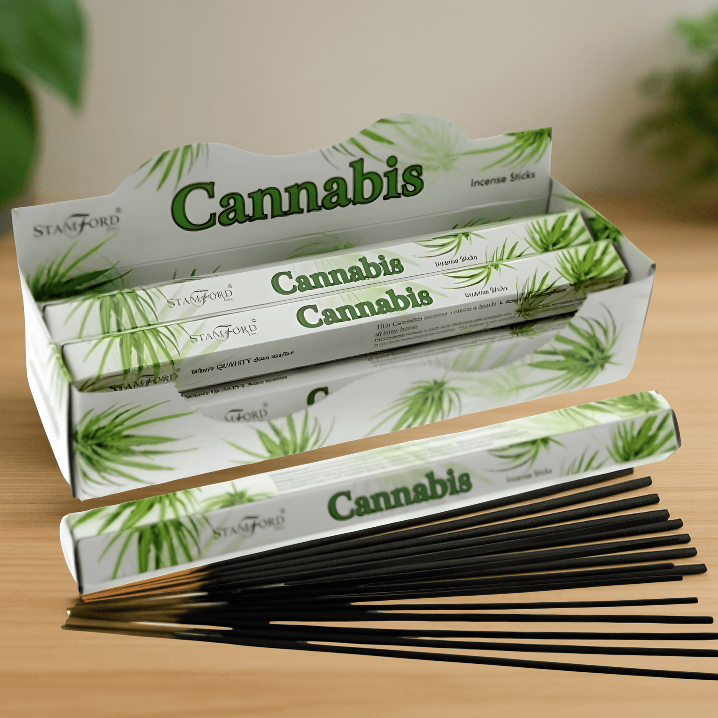 Stamford Cannabis incense sticks packaging on a wooden surface