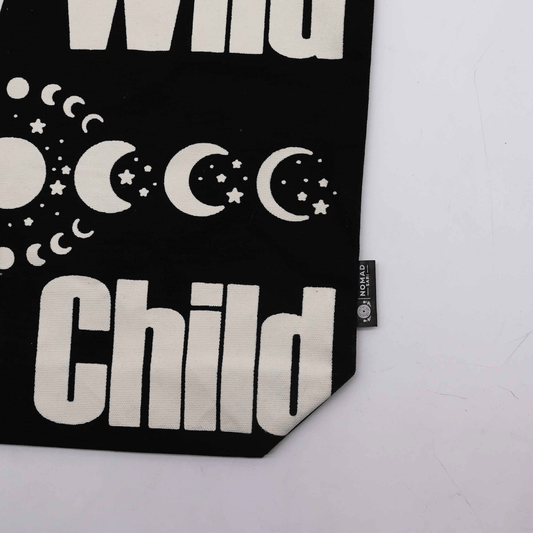 STAY WILD MOON CHILD TOTE BAG - BLACK COTTON WITH BUTTON CLOSURE