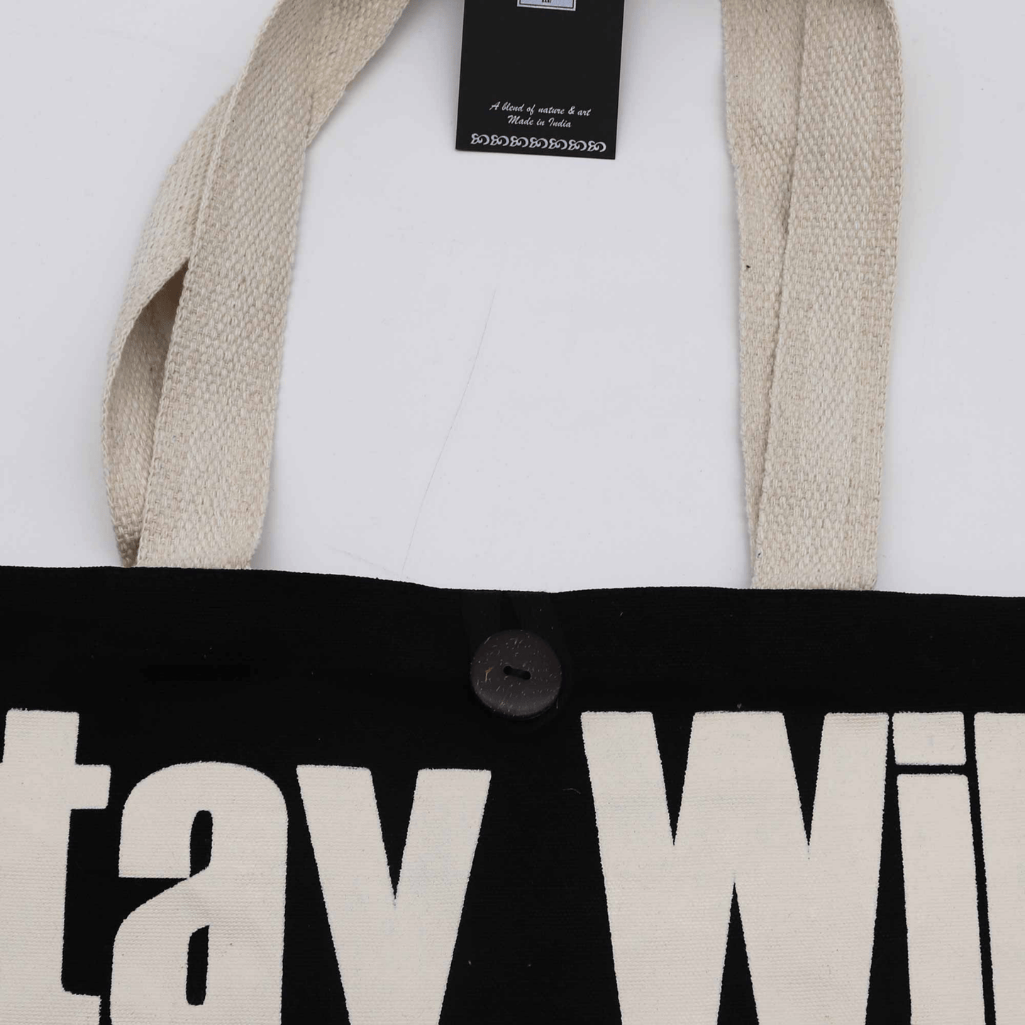 STAY WILD MOON CHILD TOTE BAG - BLACK COTTON WITH BUTTON CLOSURE