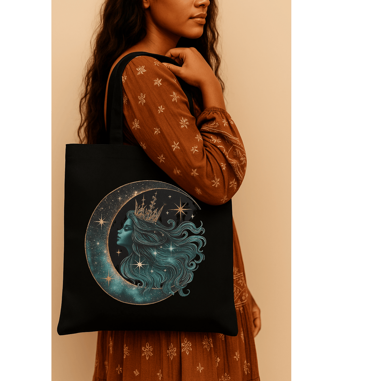 MOON QUEEN COSMIC GODDESS TOTE BAG - BLACK 100% COTTON