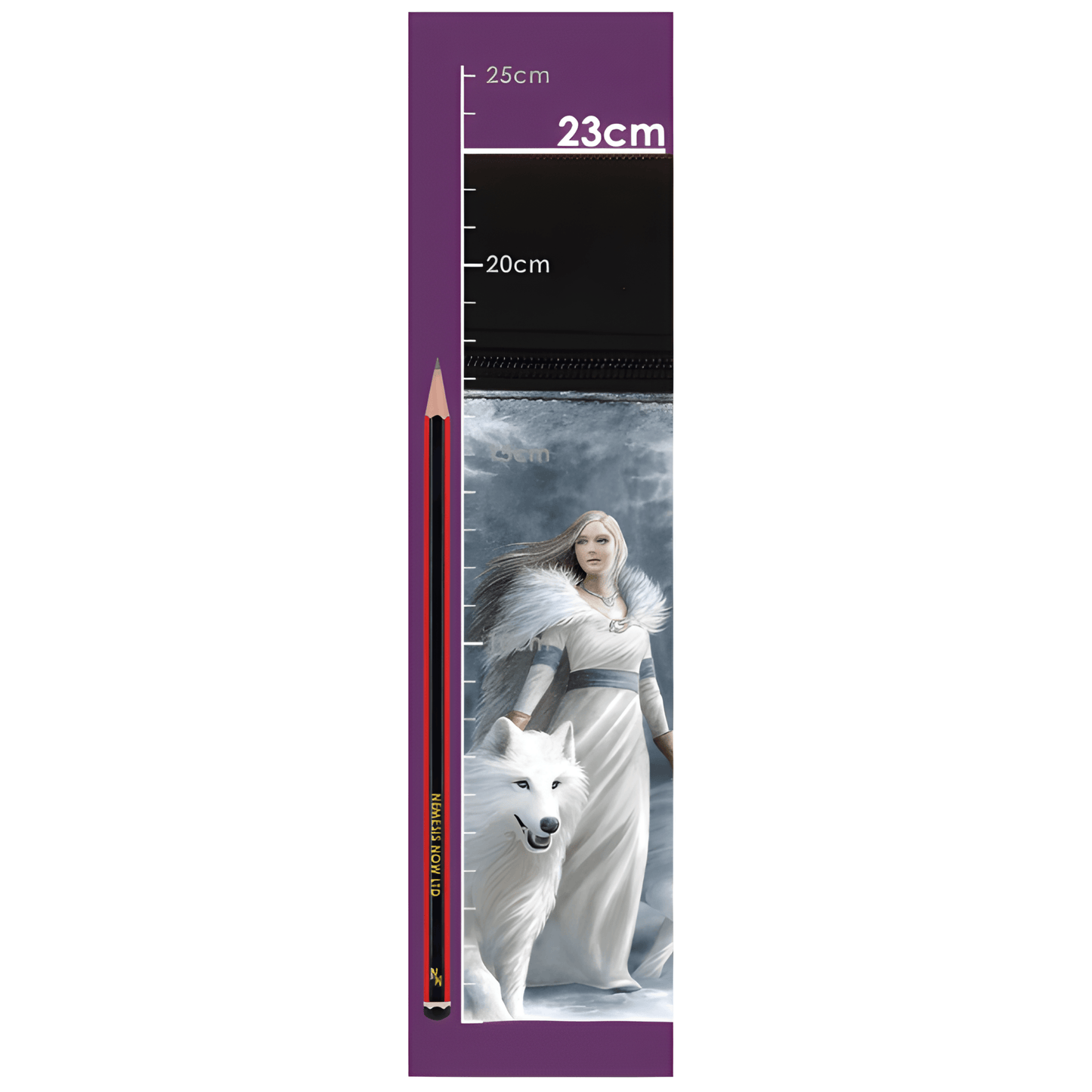 Ruler with a character and white wolf on a purple background