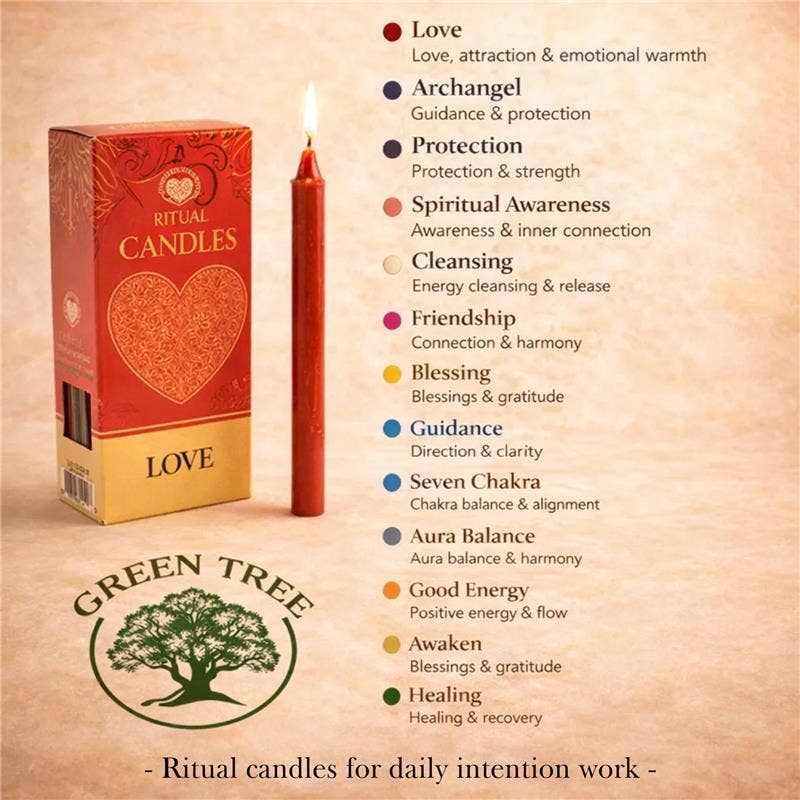 Ritual candle with packaging and a lit candle on a beige background, featuring Green Tree brand.