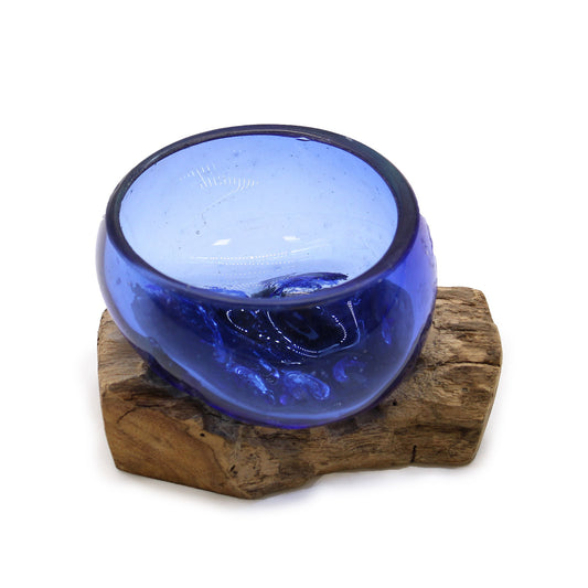 MOLTEN GLASS MINI BLUE BOWL ON WOODHOLDER