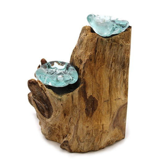 Wooden log with two glass bowls on a white background