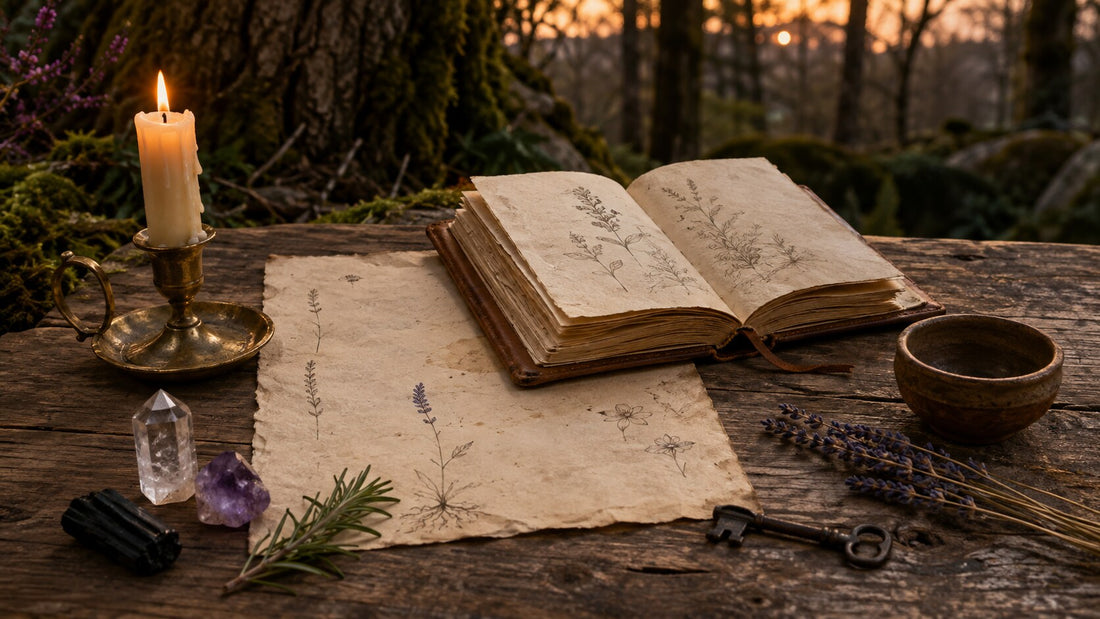 Beginner witch altar with an open journal, parchment, candle, crystals and herbs at the edge of a woodland