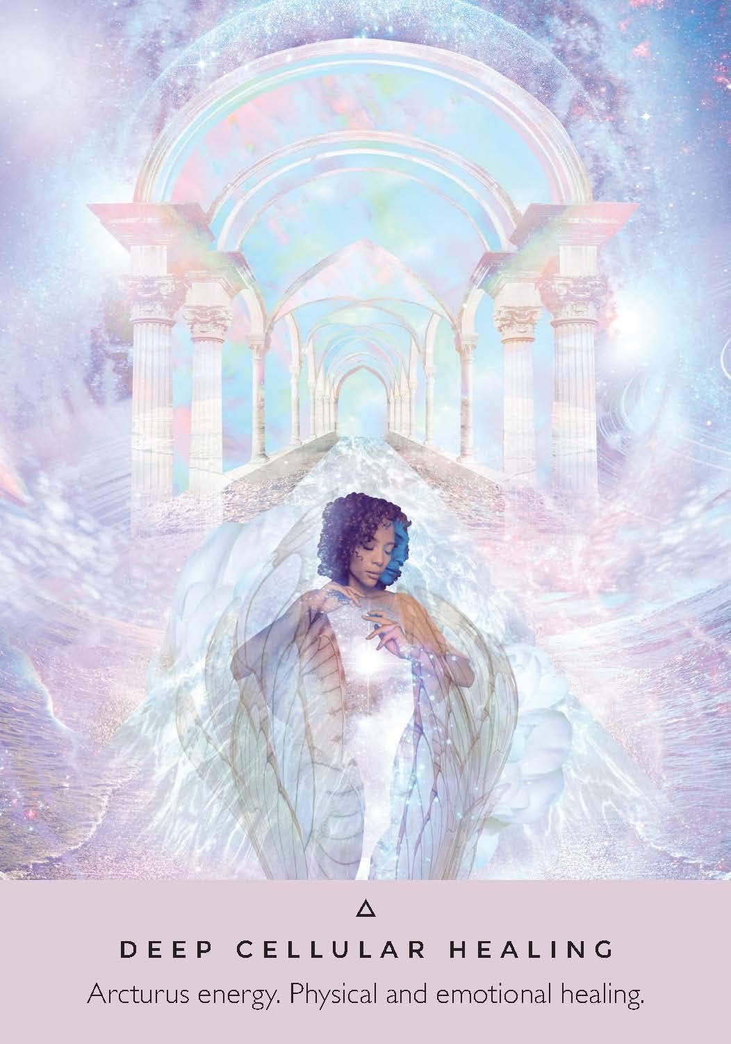Woman in a glowing white dress standing in a pastel-colored hallway with 'Deep Cellular Healing' text at the bottom.