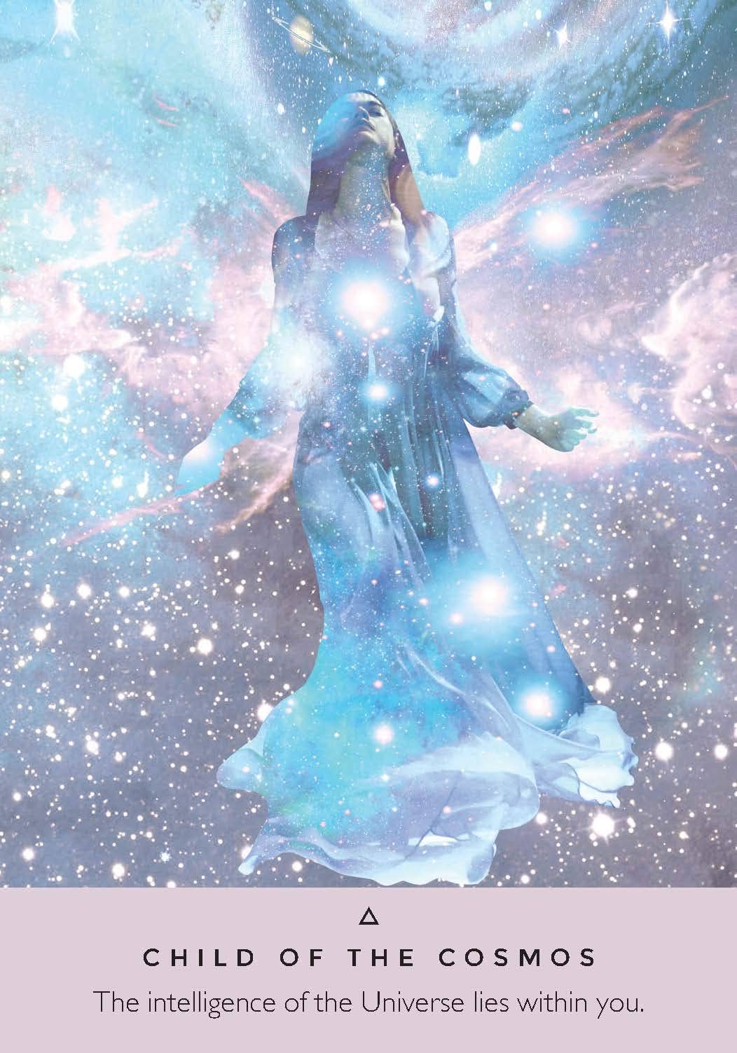 Ethereal figure in a flowing dress with celestial background, text 'Child of the Cosmos' at the bottom.