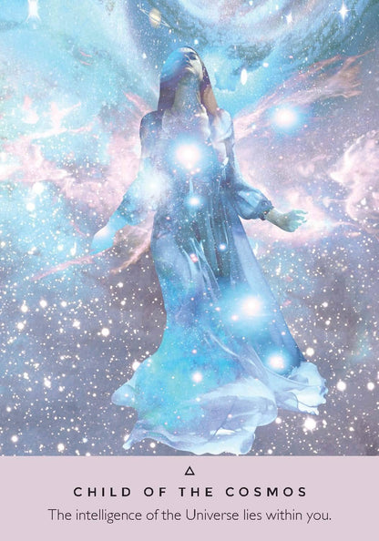 Ethereal figure in a flowing dress with celestial background, text 'Child of the Cosmos' at the bottom.