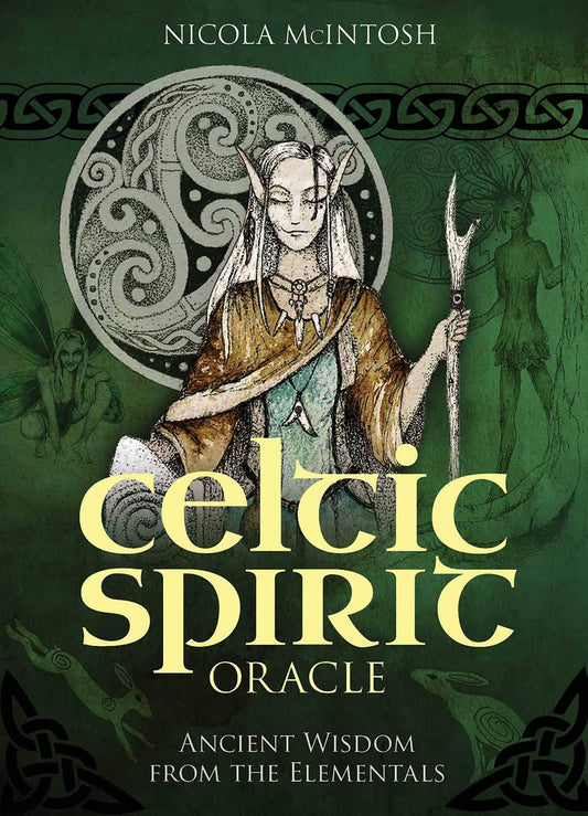 Box cover of 'Celtic Spirit Oracle' with a woman holding a spear and a circular design on a green background.