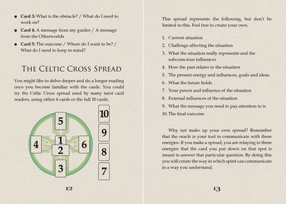 Paged book with Celtic Cross Spread instructions and card layout on a beige background