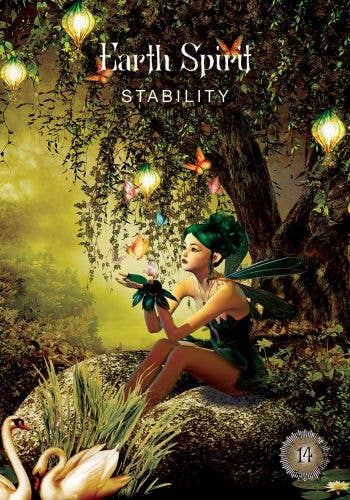 Fairy sitting on a rock with butterflies and flowers, surrounded by nature elements, with 'Earth Spirit Stability' text.