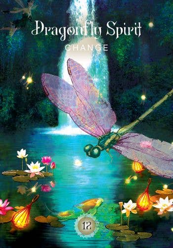 Dragonfly Spirit with a waterfall and lotus flowers in a mystical setting