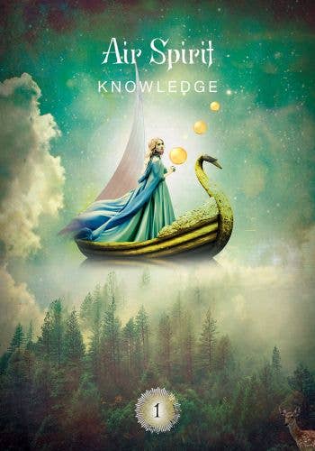 Woman in a blue dress on a swan-shaped boat with 'Air Spirit Knowledge' text in a mystical setting.