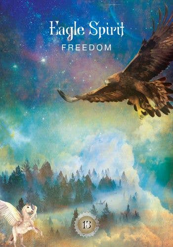 Oracle card of 'Eagle Spirit: Freedom' with an eagle flying over a forest and starry sky.