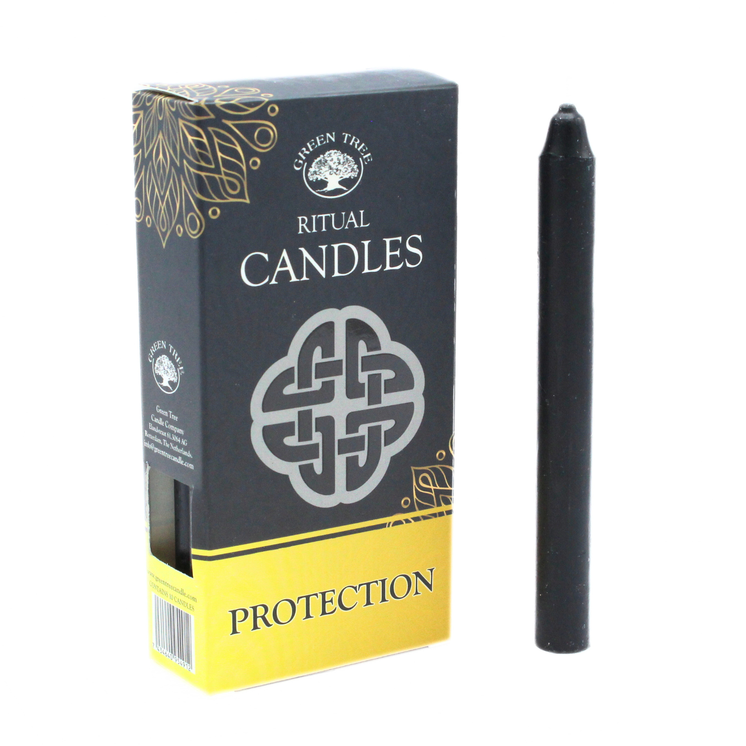 Black ritual candle with packaging labeled 'Protection' on a white background