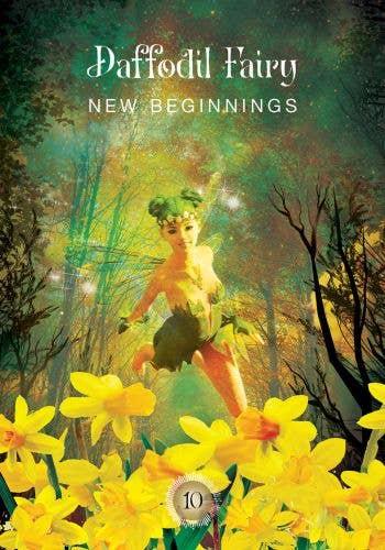 Oracle card of 'Daffodil Fairy: New Beginnings' with a fairy among yellow flowers in a forest setting.