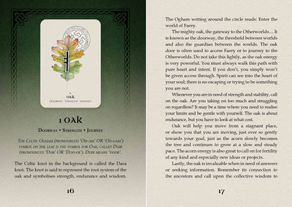 Pages out of the guide book the card with an illustration of a tree and text on a green background