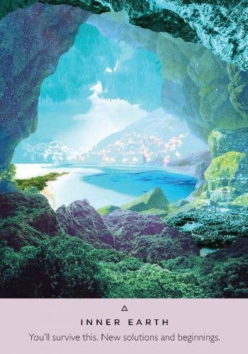 Cave entrance with a view of a mountainous landscape and body of water, with text 'INNER EARTH You'll survive this. New solutions and beginnings.