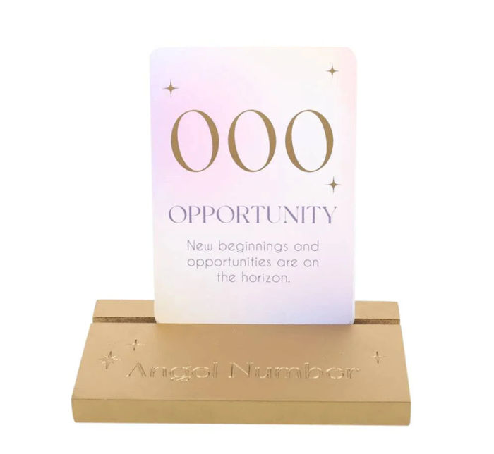 Gold stand with a card displaying '000 Opportunity' on a white background