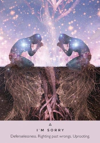 Two figures with glowing helmets sitting on opposite sides of a divide with roots, surrounded by a starry sky.