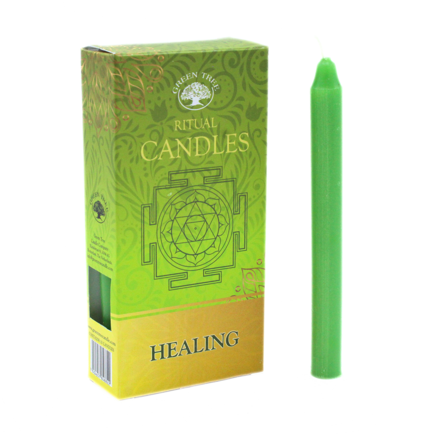 Green ritual candle with packaging labeled 'Healing' on a white background