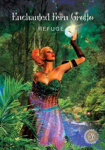 Woman in a fantasy costume holding a glowing orb in a forest setting with 'Enchanted Fern Grotto Refuge' text.