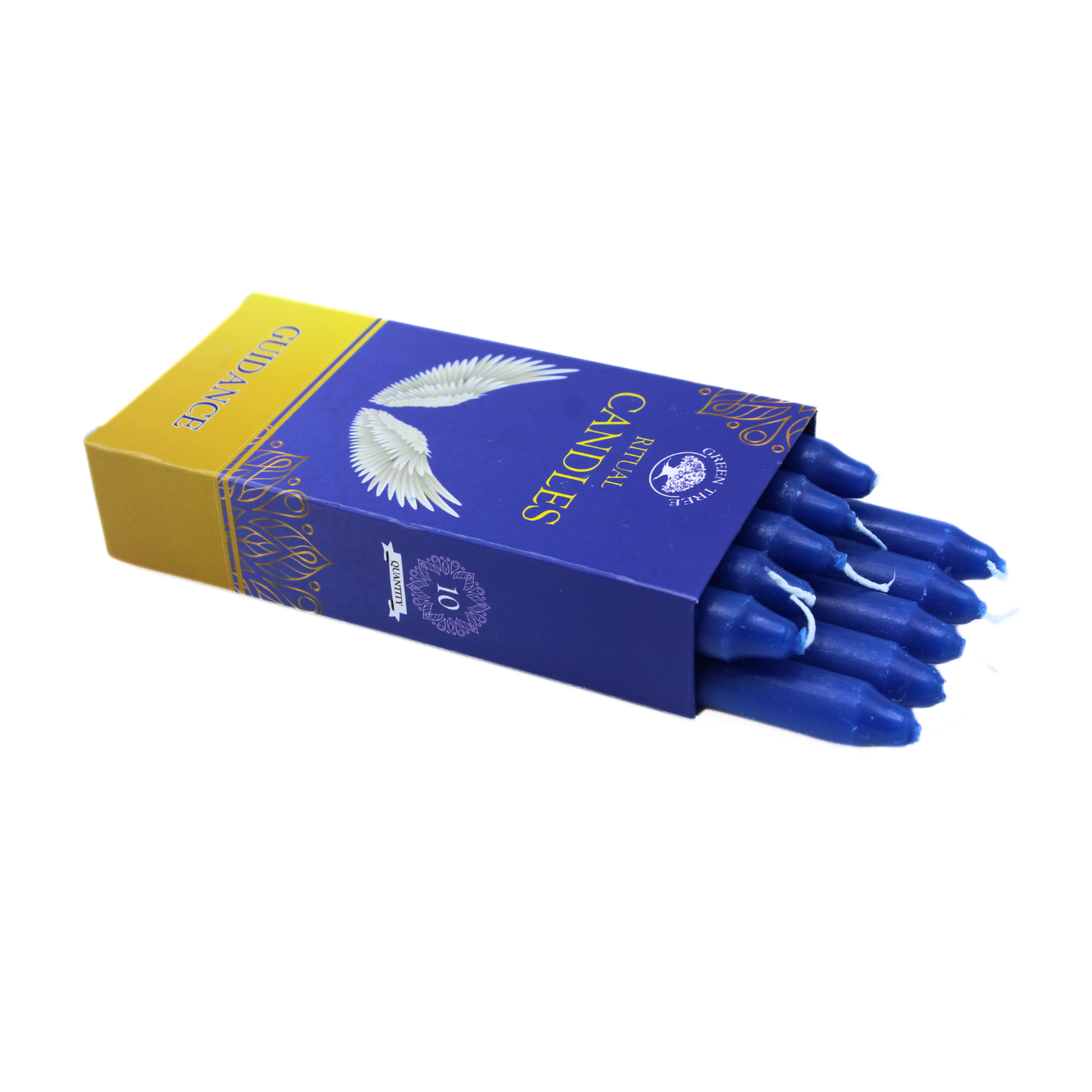 Box of blue candles with a yellow and purple design on a white background