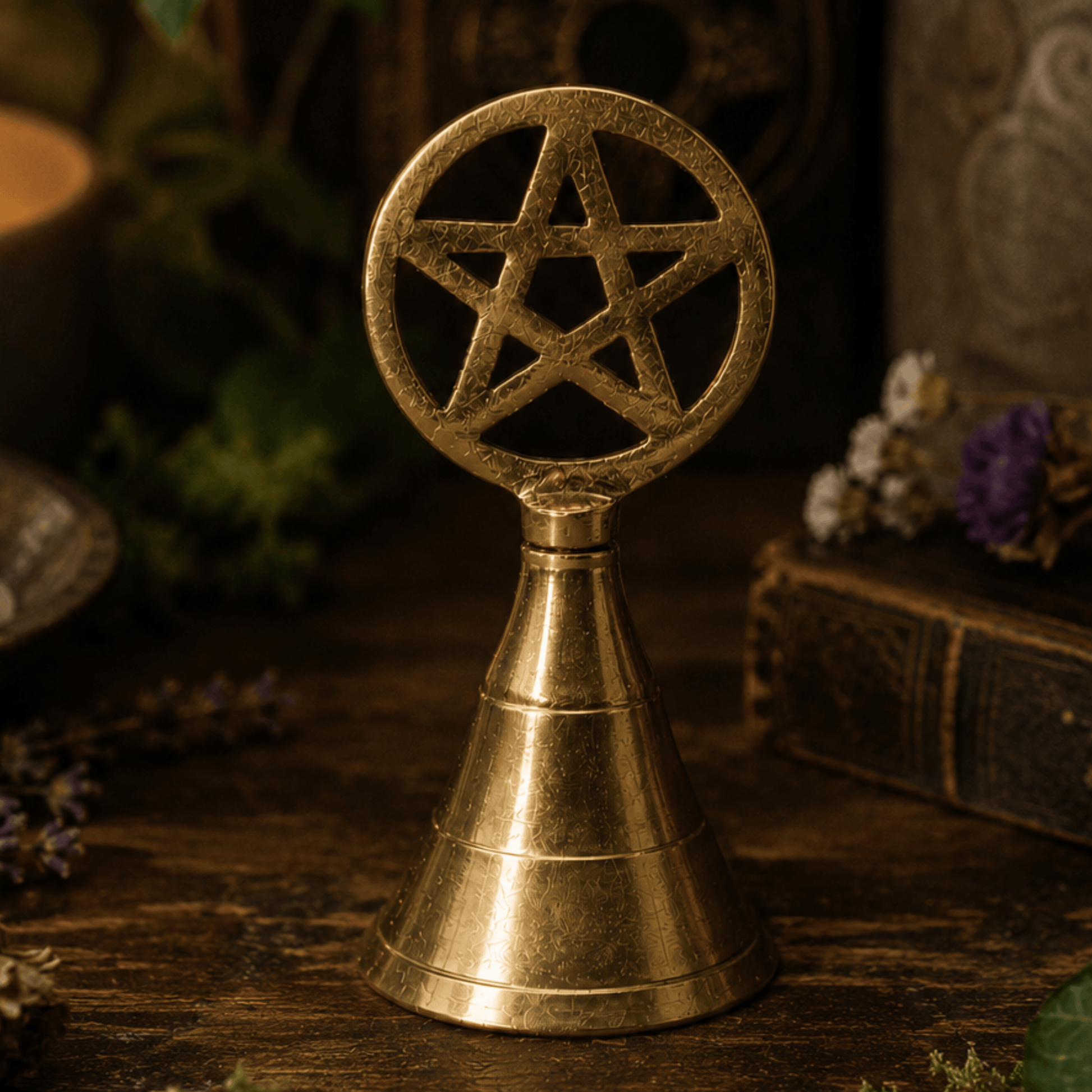 Bronze bell with pentagram design on a wooden surface with decorative elements.