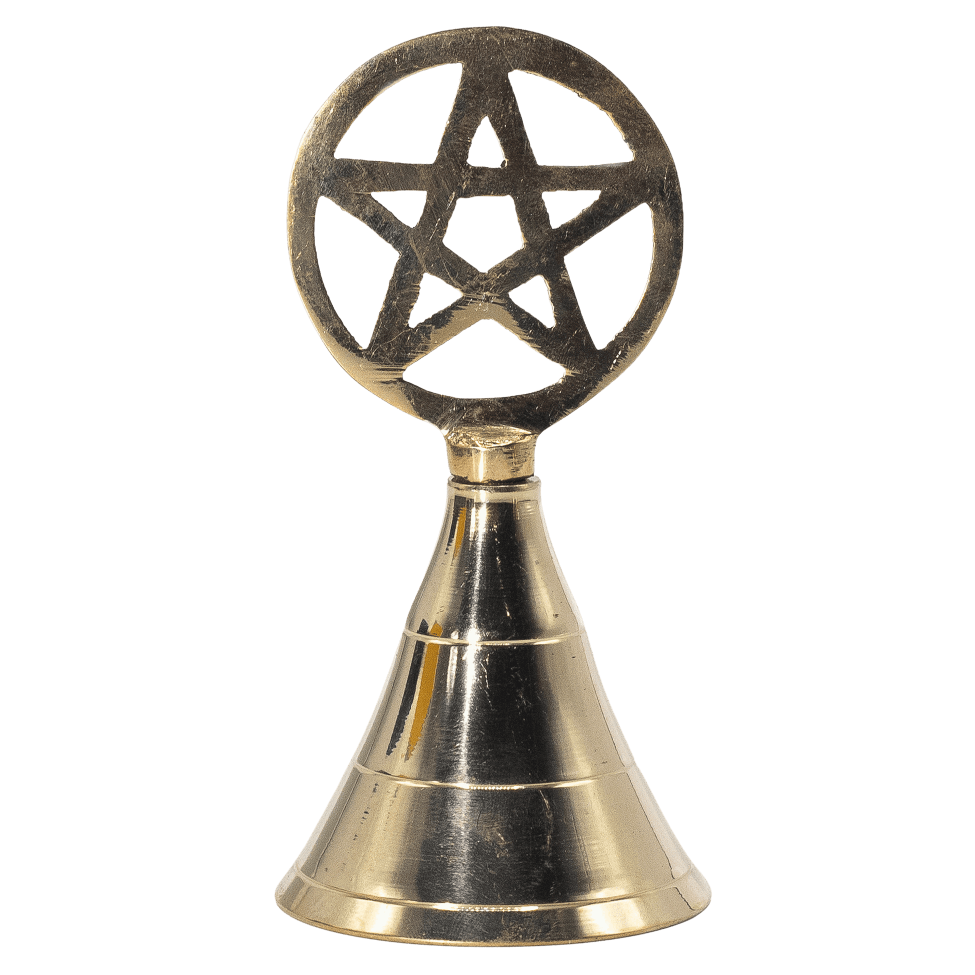 Brass bell with pentagram design on a green background