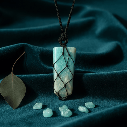 Laced with black over a turquoise Amazonite flat pointed crystal laying on a green cloth with small blue stones and a bayleaf.