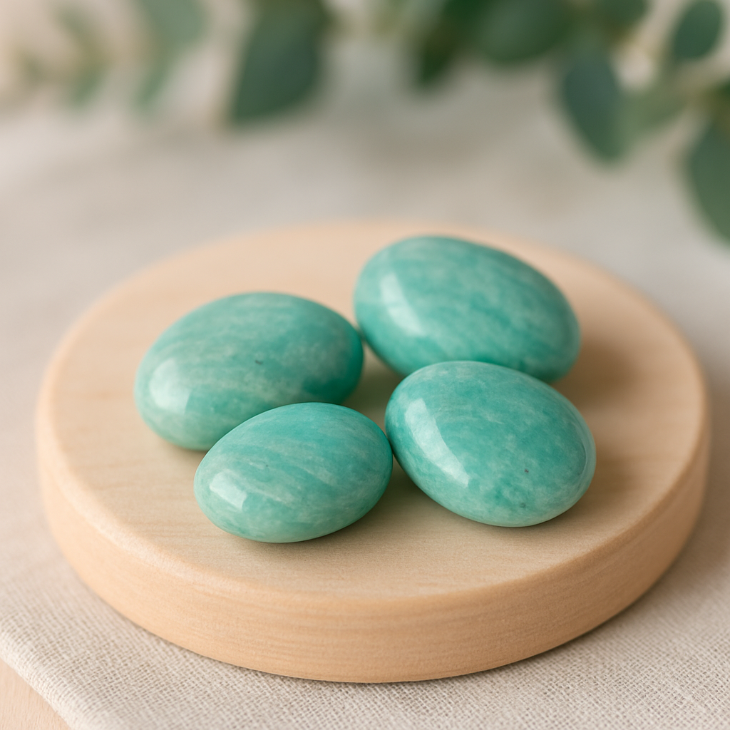 Four turquoise Amazonite stones on a wooden coaster with a blurred green leafy background