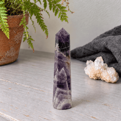 A polished purple amethyst crystal tower stands on a light gray wooden surface, styled with a potted fern on the left and a cluster of raw quartz on the right.