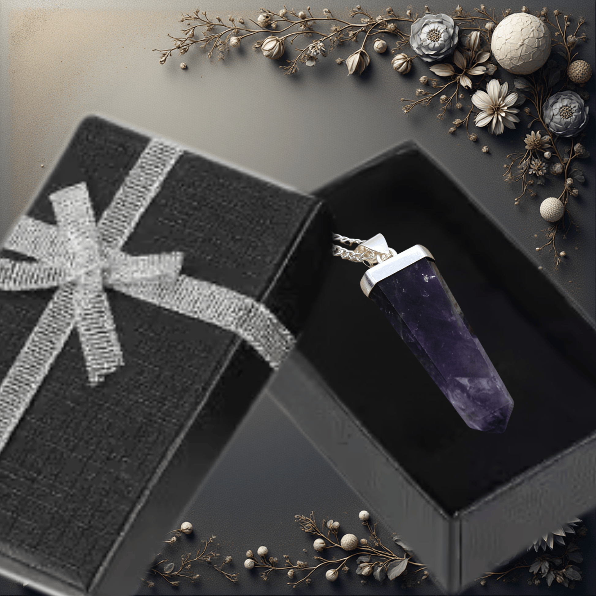 Amethyst crystal pendant in a black box with decorative elements on a dark surface